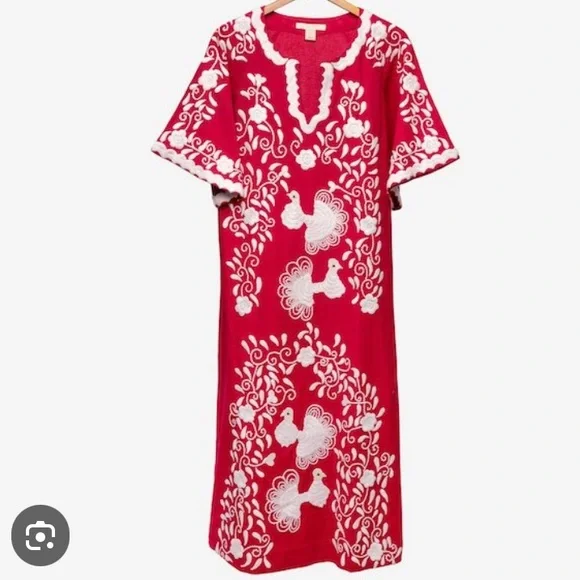 FRANCES VALENTINE Red & White Katy Peacock Caftan Maxi - Picture 2 of 6